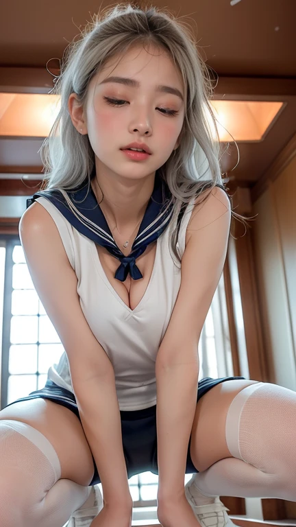 Best quality, high quality, masterpiece, high resolution, detailed, one girl, cute girl, white panties, crawl on all fours, looking back, sailor suit, blue sailor skirt, over knee high socks, no shoes, white hair, long hair, show off nipple, large breasts, smirk, on bed, detail, 4k, sexy, good pupil, 4k