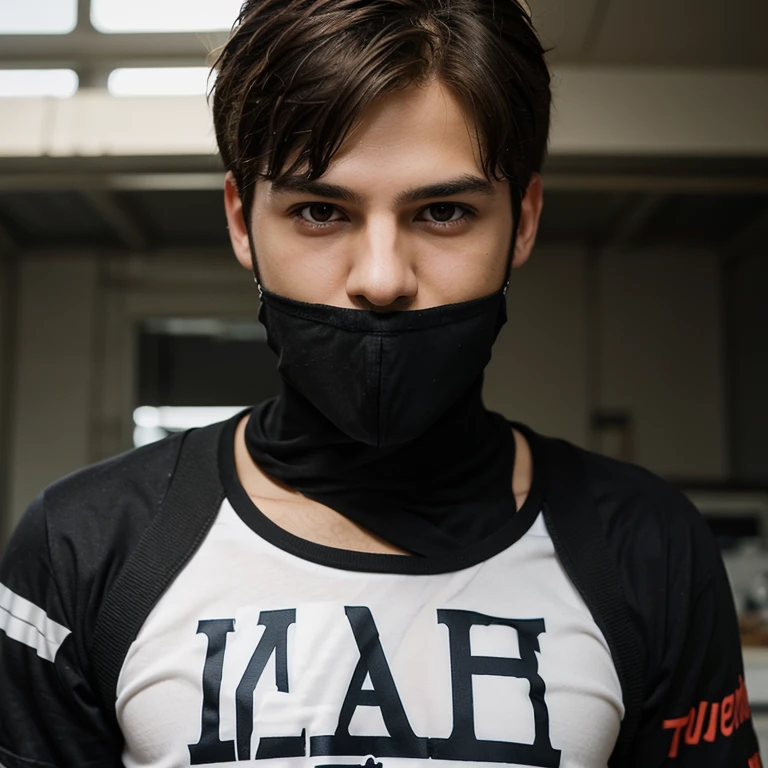 Teen male posing, boxerbriefs, skinny body, atmospheric, cute face, white hair, blood, topless, mask, harness