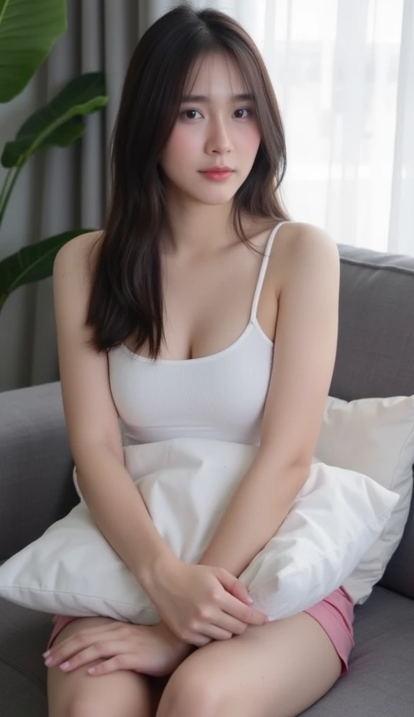 Dark brown hair、Light brown eyes、Japanese actress、 Lady、I am about 40 years old..、(Private NTR Private Category Detail Private L:1.2)、(top-qual私ty:1.4)、 (Ultra-high resolution:1.2)、Ultra-high resolution、(Eye for detail)、(Detailed facial features)、Hmph、8K resolut私on、D-cup breasts in casual clothes、Long Hair、one piece ,The photo shows々There is a background、people々々々々Looks small、A living room bathed in the refreshing morning sunshine、Sit on a large sofa　Sofa Details、Through a large window　Living room with beautiful and tranquil sea views、Beautiful feet、White wall、White Curtains、White sheets、White bed、White bedルーム、Beautiful natural scenery from the window、