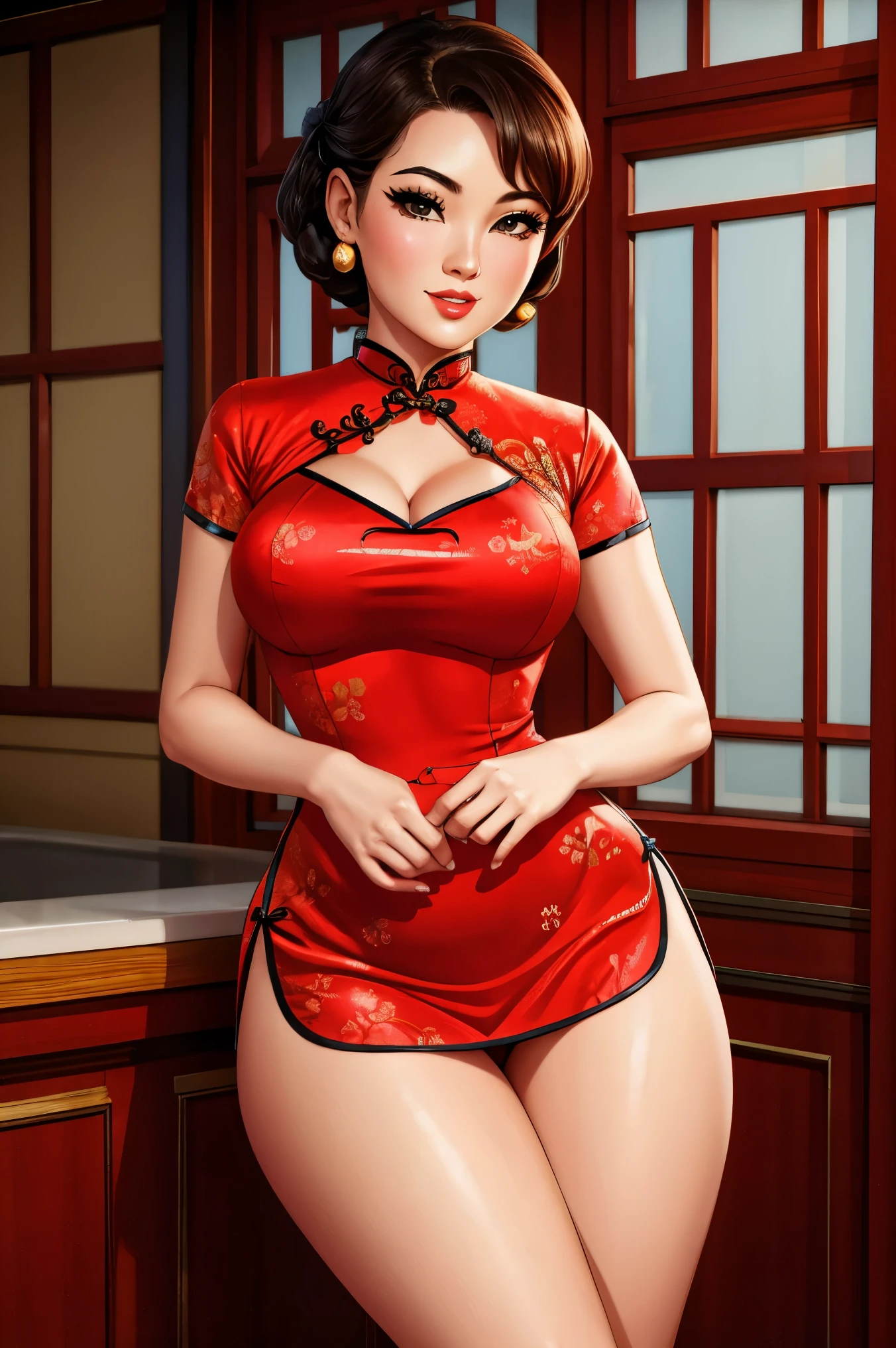 Chinese dress ,((( Very short dress))), thick thighs, fake breasts, Erect nipples over dress, heat, malicious eyes, Long legs, seductive body, sexy breasts,strapless,