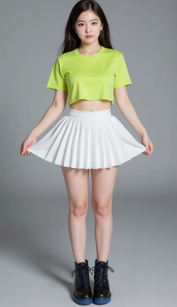 Yellow hair, wearing green T-shirt, open waist, pleated skirt, long legs, masterpiece, superlative, realistic, HD, photography lighting, 16k