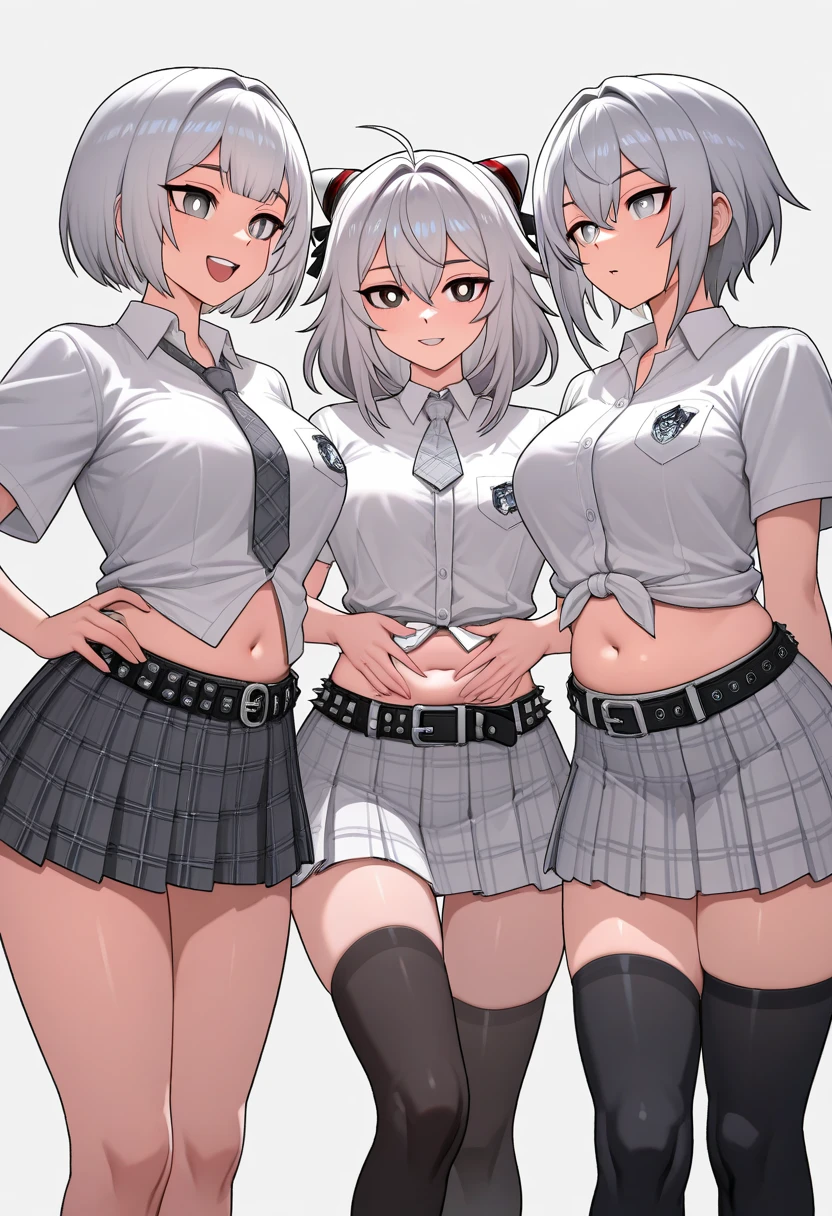 (((masterpiece, Highest quality, High resolution, 超High resolution, Pixel perfect, Written boundary depth, 4K, RTTX10.0, High resolution))), Beautiful Anime Women, Beautiful art style, Anime characters, ((Long Hair, bangs, Dark brown hair, ponytail)), ((Smooth texture, Realistic texture, Anime CG Style)), Perfect body, (Slender body:1.2), Exact finger count、Exact number of legs、(Exact number of arms:1.0, Exact number of hands:1.0), (Three women standing side by side, Lean your torso against the table to expose your buttocks., Angle from above the back:1.3), (Fashionable white shirt, Sailor collar, Knee-high socks, loafers, Pleated mini skirt:1.3), Realistic, Highest quality, High resolution, Perfect lighting, Highly detailed CG, (Perfect hands, Perfect Anatomy), (School classroom:1.3), Daytime lighting, whole body, ((Stylish shiny satin panties, side-tie white panties, Black lace trim :1.3)), (Beautiful and thin thighs、Beautiful little ass:1.3),cum in pussy