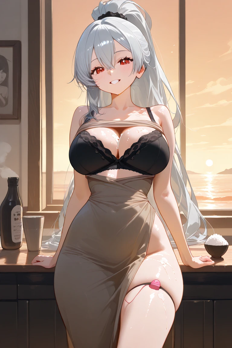best quality High resolution one young beautiful woman red eyes beautiful white hair medium perm A cute young lady with a soft touch Cat ear Fascinating nude apron appearance kitchen service The huge breasts of a virgin killer with amazing charm Sexless