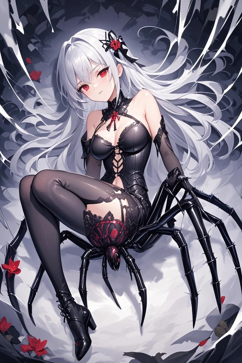 ((High quality)), Arachne:1.3, Japanese clothing:1.4, spider legs:1.4, spider body:1.4, sexy clothes, background is in cave