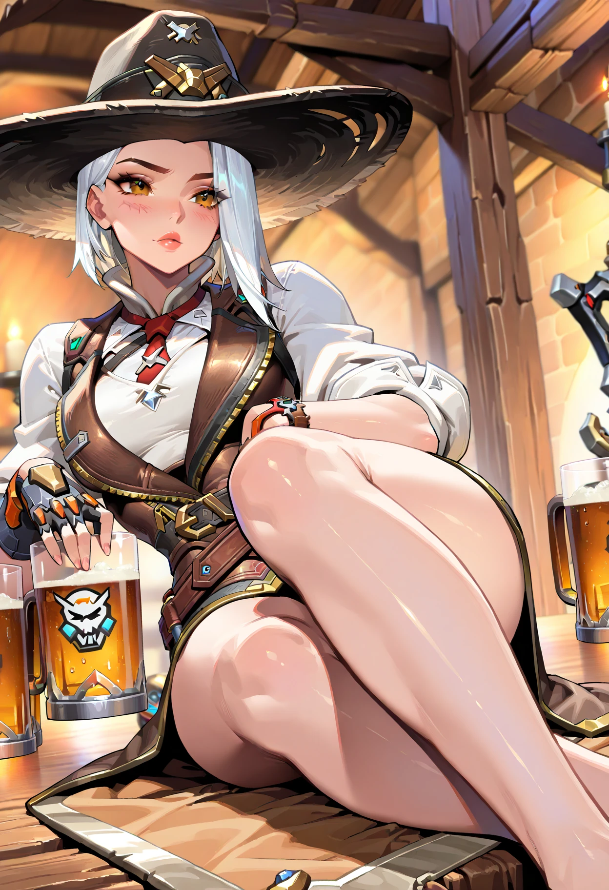 A white haired wolf woman with green eyes and white wolf ears and a white wolf tail in a pirate's outfit is drinking at the bar with a big smile