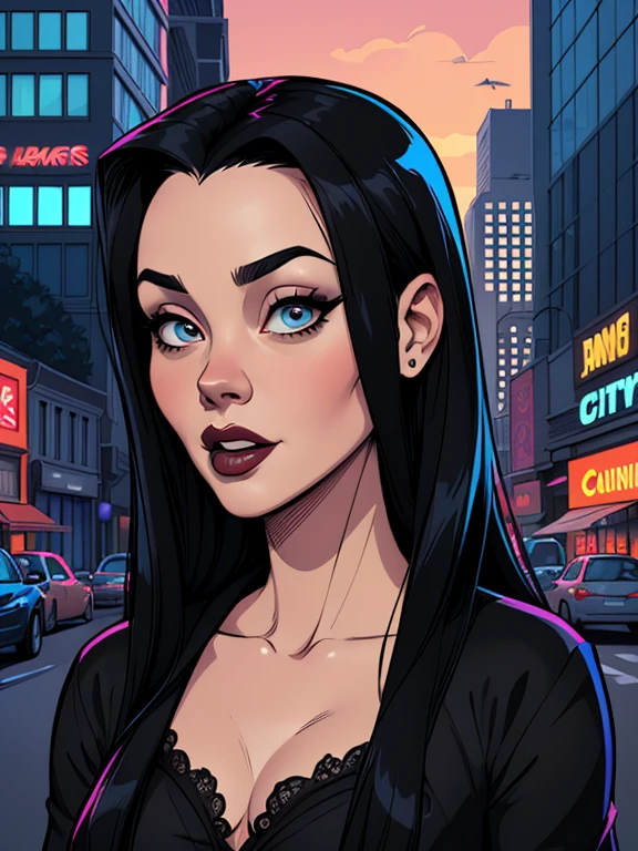 Personagem Christina Ricci cabelo preto estilo Morticia AddamsImagem de desenho animado de uma mulher .cartoon style illustration, estilo de arte dos desenhos animados, estilo de arte dos desenhos animados, digital illustration style, design de personagens altamente detalhado, arte digital detalhada fofa, City fan art, Design de personagens de retrato, beautiful digital illustration, retrato de alta qualidade, Arte em quadrinhos, jovem expressando desejo sexual.