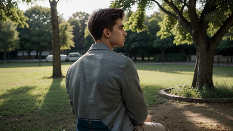 Homem idoso , sitting on a park bench in front of a sturdy oak bush, alone lonely thoughtful, com capuz de toca vermelho , well-lit and detailed profile face 8k cinematic,