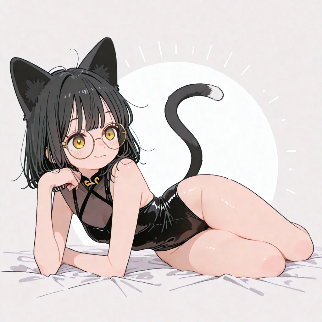 One Girl、Cat ear、Black Hair、Bobbed hair、Glasses、Long cat tail、Completely naked、Nipples、Sleeping on sofa bed、Watching the audience、