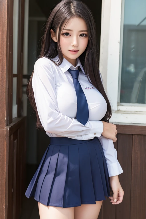 absurdres, RAW photo, extremely delicate and beautiful, masterpiece, Best Quality, ultra high resolution, 32k, hyperrealistic, ultra-detailed, very huge round breasts, whole body shot, short skirt, (school_uniform:1.2), bare legs,