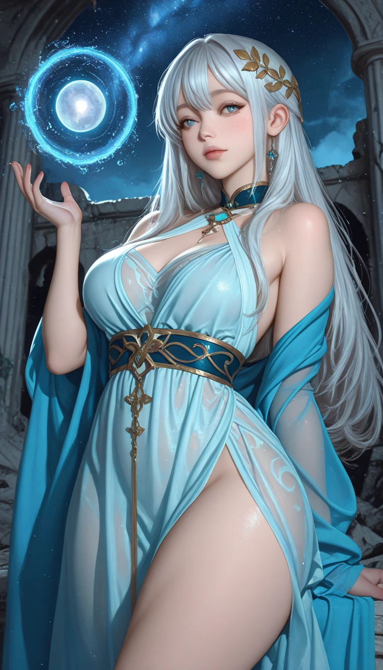 Whitening Gray Hair Long Hair blue eyes smile tiara Green Egyptian Costume beauty sexy Big Breasts mature whole Mysterious charm Charming pyramid Valet Key Beautiful breasts fortune teller Beauty under the moon dawn