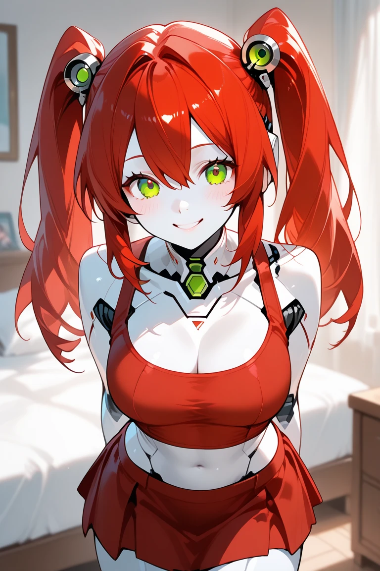 zero two, red color 9's pistil suit, smiling face, office background, random pose, best quality, military element increase, bubble effect, masterpieces, light make up, a pair of small red horn, perfect body shape, red hair, sharp red pupil