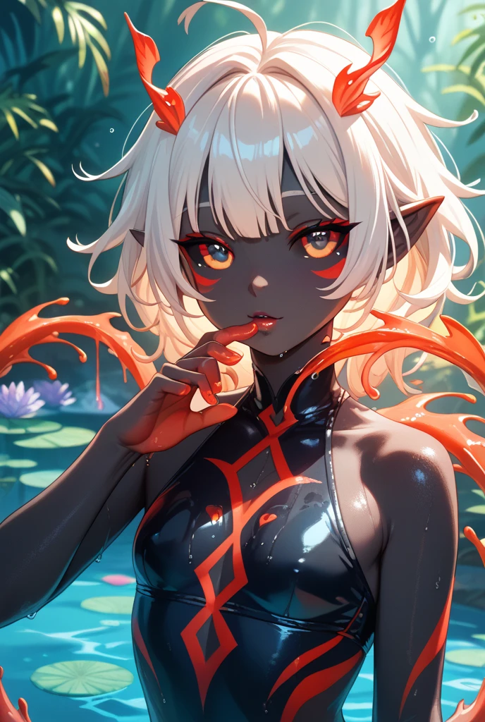 ghost, demon girl, scar on face, horn, gray hair, detailed, bright ((red skin)), bare shoulders, tattoo, forest night, sitting on a rock, detailed health, movie lighting,