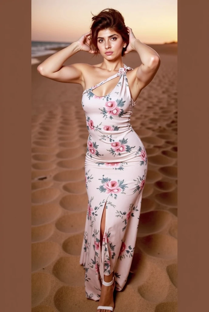 (best quality, ultra-detailed, realistic:1.37),portrait,voluptuous woman,flower,tight dress, Random dress color, passionate look,large buttocks,vibrant colors,soft lighting, standing, full body view, extreme tall, long legs, very tall, tall,