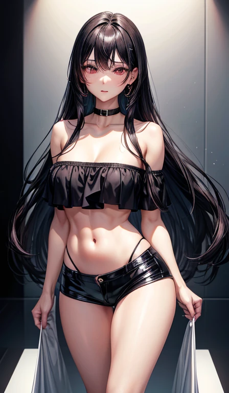 A beautiful adult woman with shoulder-length big breasts, beautiful legs, and a sharp face is standing in a black tube top that exposes her navel and black hot pants that look like panties.。