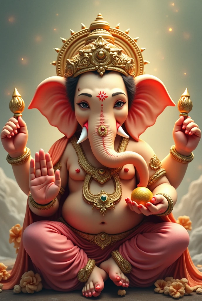 Lord Ganesh with white dress,near small Rat, leg near many laddu 's on the plate, blower 