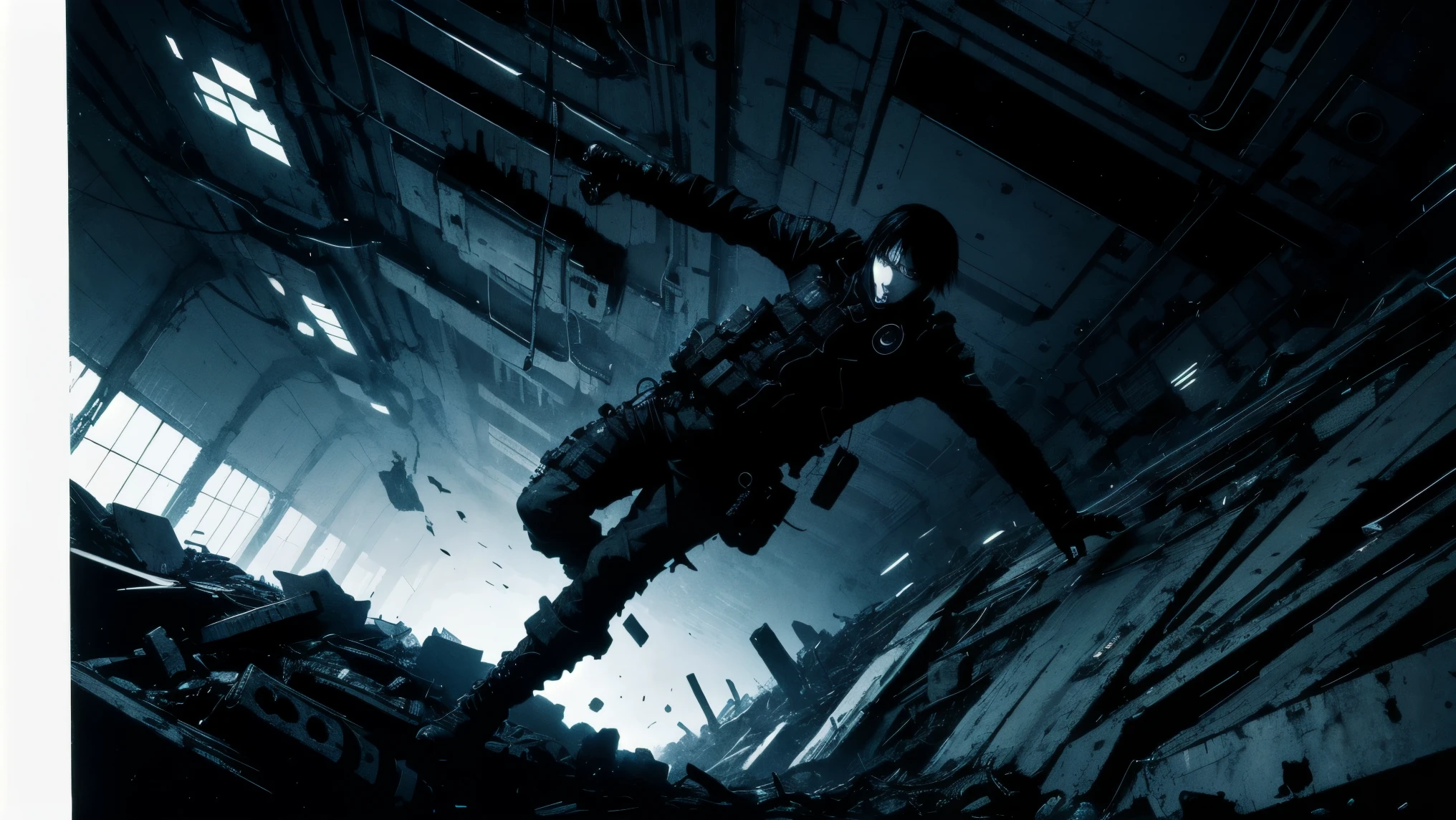 POV perspective ,solo,blame, tsutomu nihei, by tsutomu nihei,movie, killy, cibo, GBE,1boy, killy, ova, The center of the picture is an arm with black tactical gear hanging halfway down on the ground,Black gloves holding GBE in the background is a surreal space, realistic anatomical proportions, inspired by Tsutomu Nihei's BLAME!, ultra-detailed illustration,, cinematic lighting, high contrast shadows, ink-style rendering