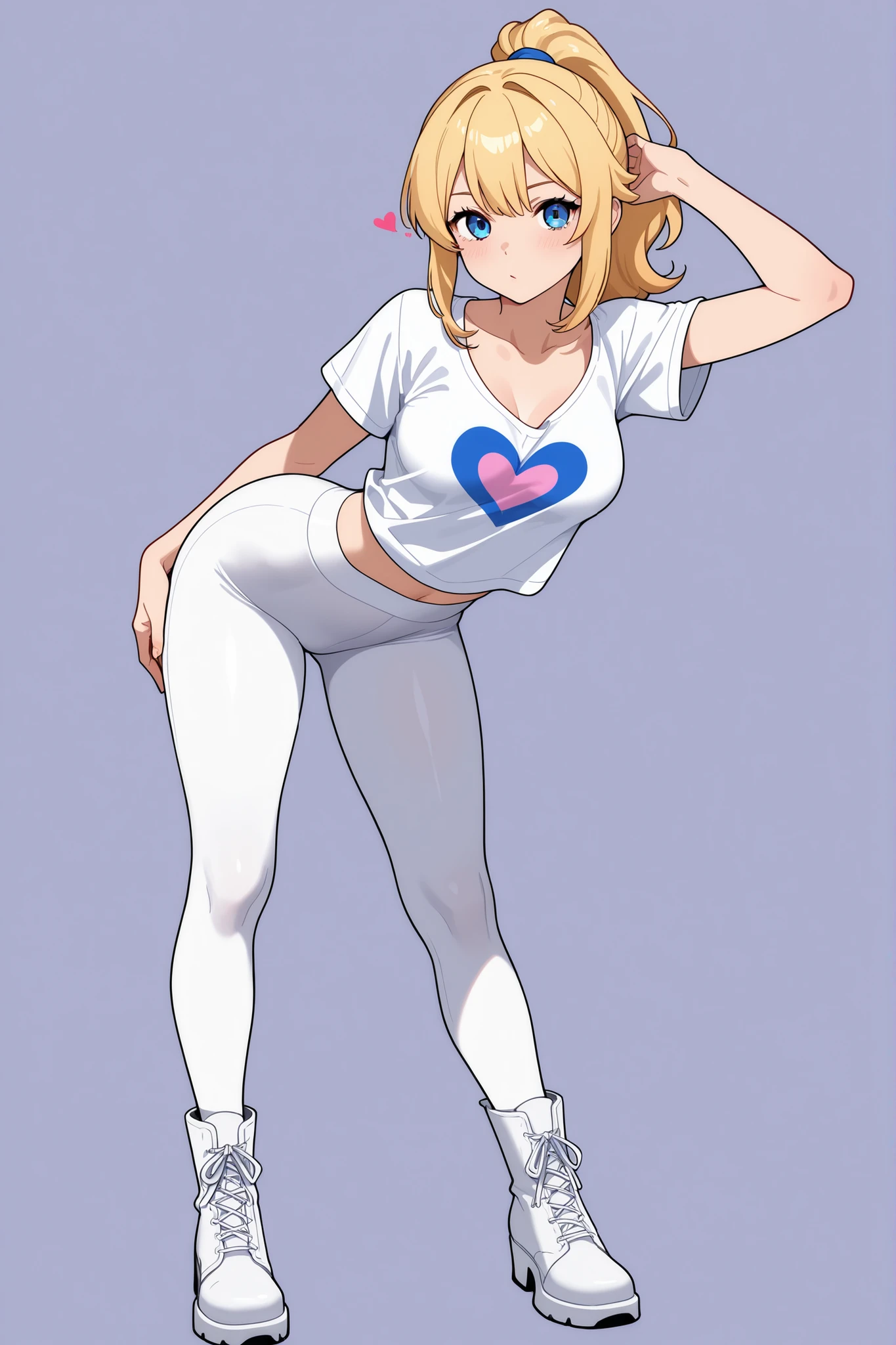 a blonde girl, long hair, ponytail, blue eyes, detailed face, sexy, white t-shirt, medium breasts, neckline, heart in her t-shirt, pose sexy, white leggings , slender legs, white boots, in front, ,