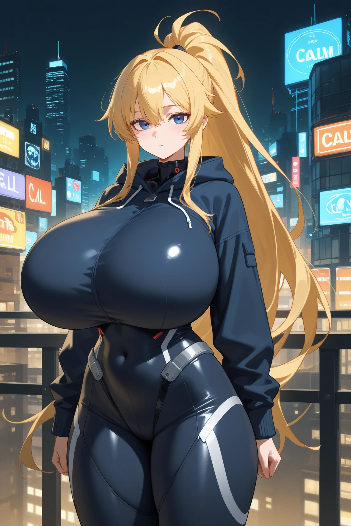 1girl, blonde hair, long hair, blue eyes, serious, black bodysuit, huge breasts, breasts, thick thighs, blue trim, pilot suit, futurustic, machinery, tech, science-fiction, neon trim, neon lights, bodysuit,