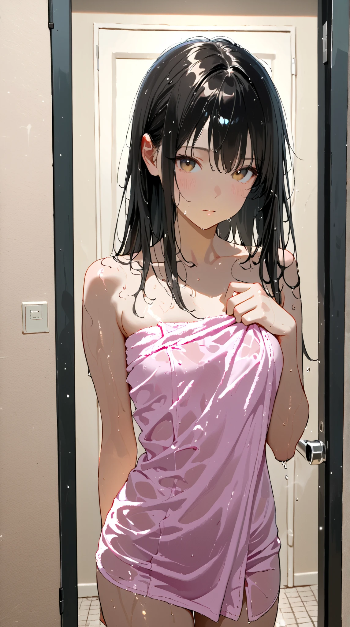 Animation,flat 2d,Fullbody,image video,Detailed face,(adult game cg,BISHOP),messy bob cut,black hair,Elementary school boy,(sunburned skin),oiled skin,in front of shower room,(pink camisole:1.2),tug miniskirt,(embarrassed expression:1.1),,Looking at viewer,(flat chest:1.3),learning forward