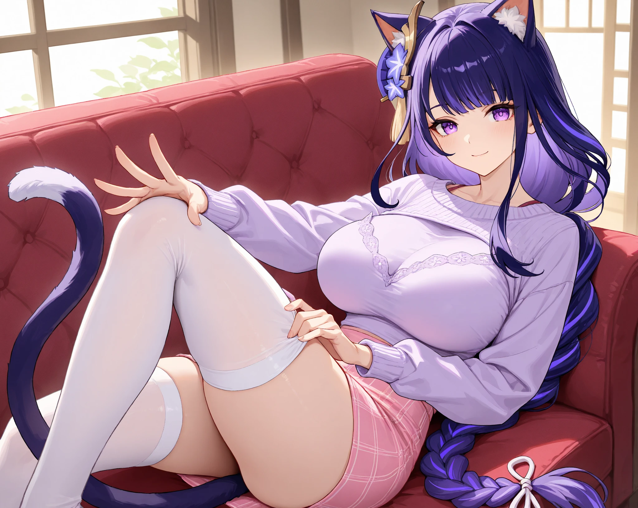 masterpiece, Highest quality, Super Resolution, 8K, 15-year-old female, Purple long hair, Handsome face, ((Big Eyes, black eye, Close your eyes halfway)), Cheerleading Uniforms, Bomboli in both hands, Sexy slit in skirt, White knee socks, (( Wide open chest, Large Breasts)), Pink string panties, Put your hands on the wall, Spread your legs wide, A sexy pose with hands on the wall and buttocks sticking out to the viewer,Wet body, Back of the warehouse