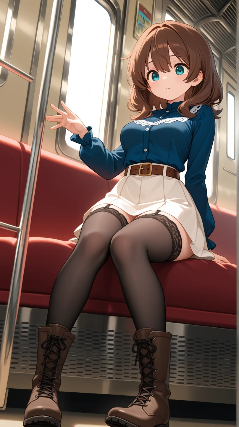 In a bustling city park, a giantess sits cross-legged, her towering figure surrounded by normal-sized people enjoying a sunny day. Children play at her feet, using her legs as makeshift slides, while adults sit nearby, basking in her protective presence and the sense of wonder she brings.

