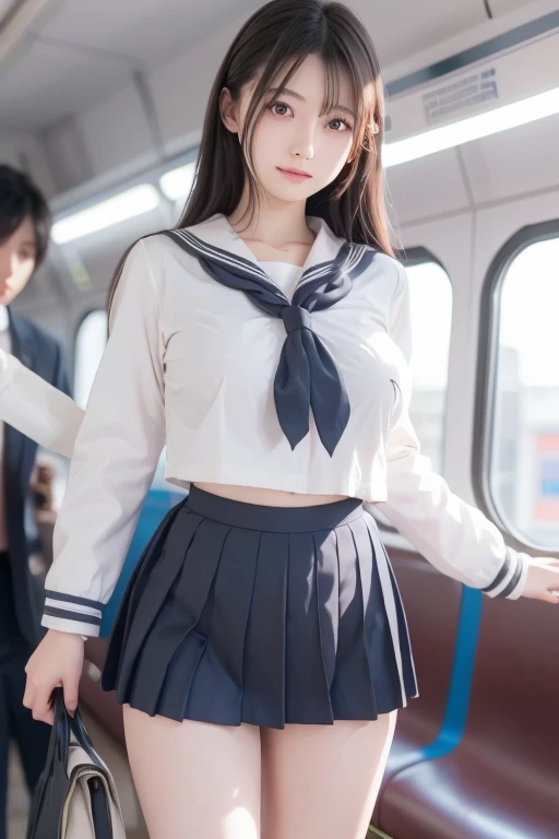 (highest quality:1.4), (hyper quality), (Super detailedな), two beautiful girls, So cute, wonderful face and eyes, very realistic skin, (very shy look), (Not looking here), (Short-sleeved sailor suit made of thin fabric, Black pleated micro mini skirt with low rise:1.5), (low rise skirt), (Incredibly large breasts:1.3), (underboob:1.1), (Uniforms are too tight due to big breasts), (slender body:1.1), (long and thin legs), (Very thin and delicate waist), realistic skin texture, (bangs, hair accessory), bright and glossy lips, Beautiful goddess descends, beautiful background, golden ratio, conceptual art, Super detailed, Accurate, advanced details, crowded train, Composition seen from below, sexy art, surrounded by a beautiful sunset, bright light, Super delicate illustration details, 8K wallpaper that integrates high-definition CG, RAW photo, professional photos, cinematic lighting, written boundary depth, No bra, (The nipple protrusions push up the uniform), (You can see the shape of the nipples through the uniform:1.3), cropped tops, (High heels on bare feet:1.1)