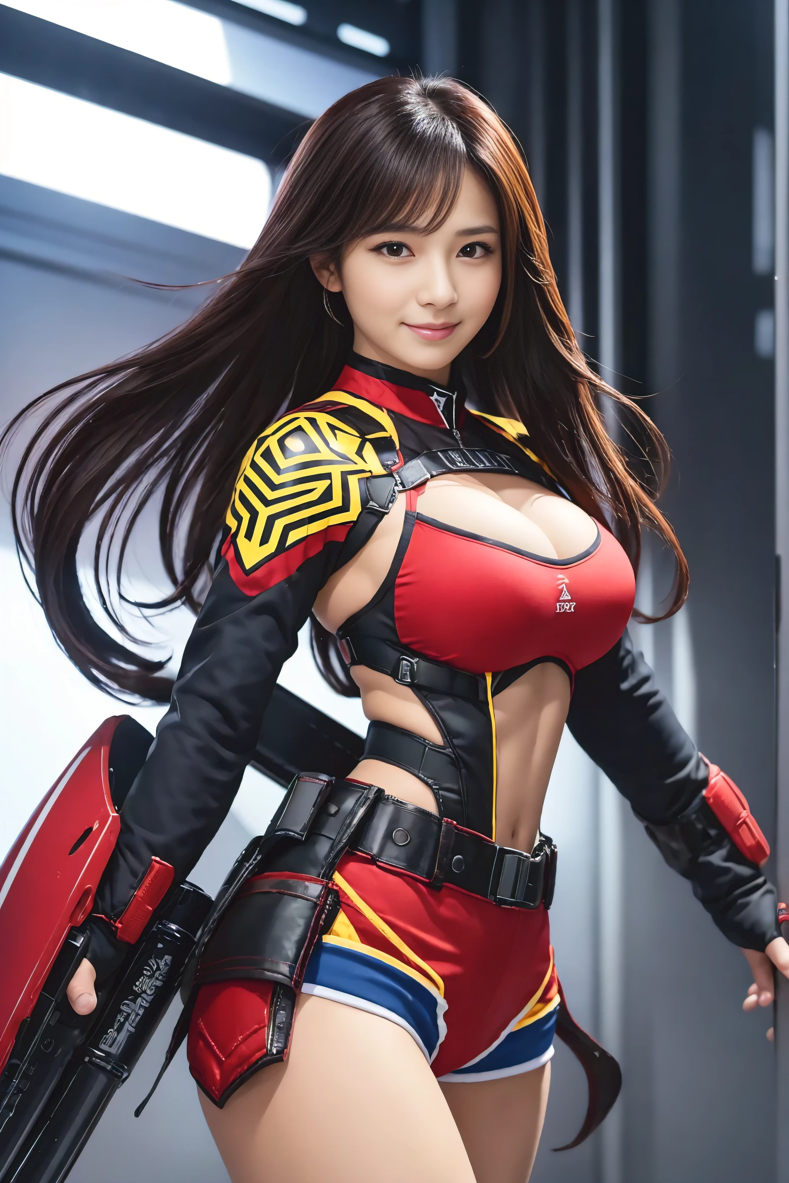 The highest image quality, pending details, ultra-high resolution, (Reality: 1.4), the best illustration, favor details, 1girl , with a delicate and beautiful face, rosto scarlett johson,dressed in a black and red mecha, giant breasts and deep cleavage, blonde hair, holding a directional controller, riding a motorcycle, the background is a high-tech lighting scene of the future city.