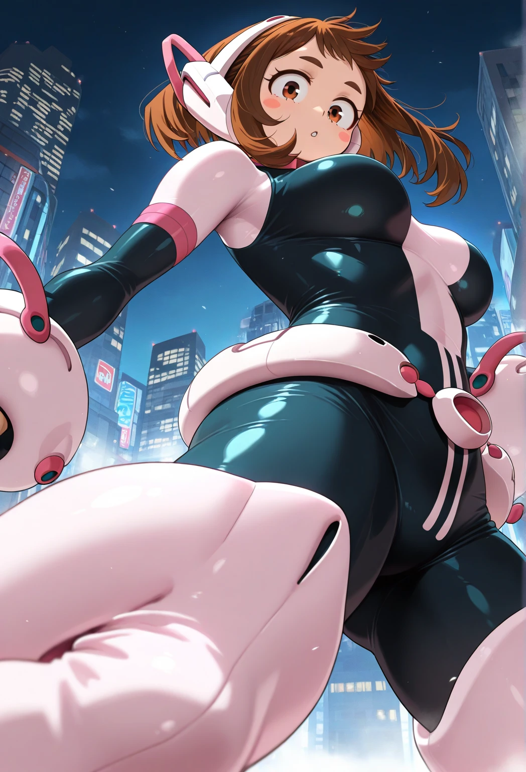 masterpiece, best quality, very aesthetic, absurdres, 1girl, mature_lady,pink_bodysuit,red_bodysuit,covered_nipple,,amiya_(arknights), animal ears, rabbit ears, blue eyes, brown hair, tight medium hair, half-up, long ponytail,,in an amusement_park,floating_hair,from behind