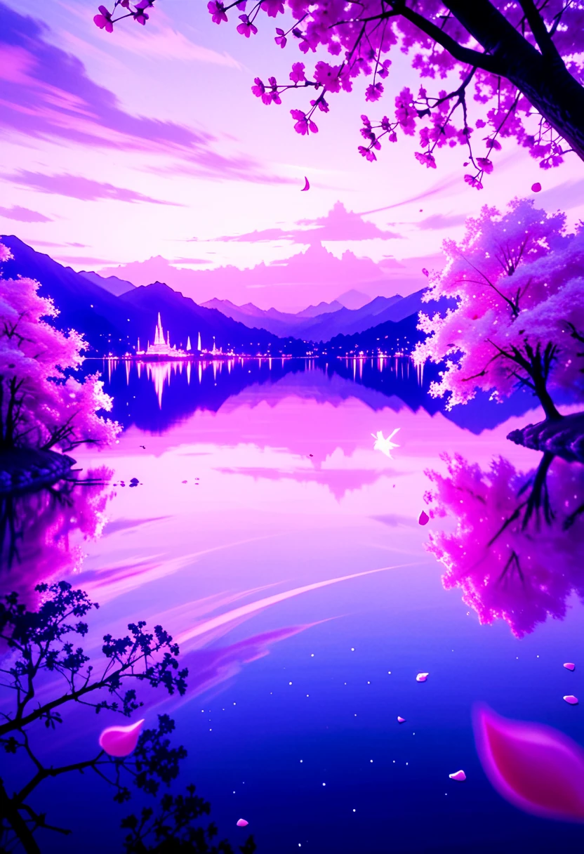 anime-style dreamy landscape, cherry blossoms falling, futuristic city skyline in the distance, soft lighting, glowing pastel colors, peaceful lake with reflections, floating petals, distant mountains with mist, soft clouds, no characters, no text, cinematic wide view, high detail, ultra clean, depth of field, vibrant and magical atmosphere, perfect for loop animation background
