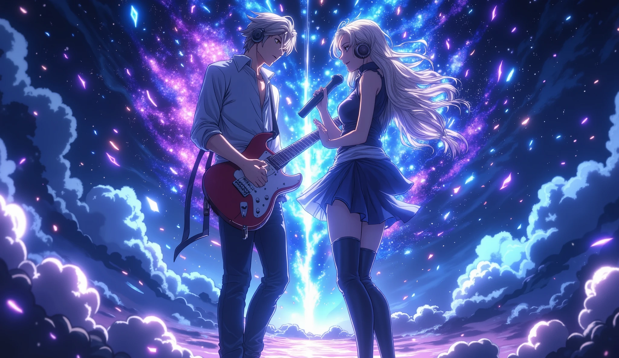 duet male and female musicians standing side by side, both wearing headphones, male playing guitar and female singing, floating mid-air surrounded by glowing music waves and magical sound particles, ethereal light effects, headphones on, dramatic dark-blue background, futuristic energy, ultra-stylized anime style. no low quality, no blurry, no extra limbs, no missing hands, no distorted face, no watermark, no text, no cropped head, no noisy shadows, no text, no blurry facial features, no weird hands, no broken headphones, no bad hands, no overexposed, no distorted instruments, no too many fingers, no text artifacts, no missing parts