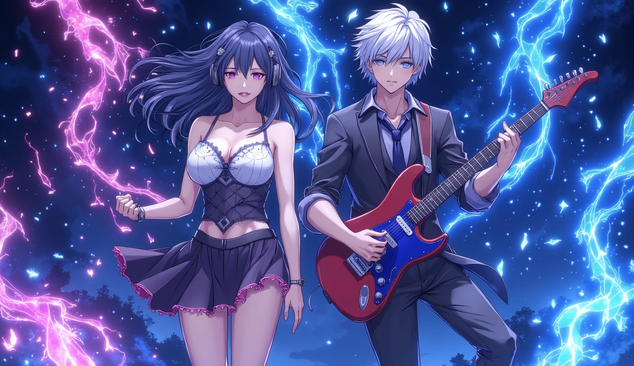 duet male and female musicians standing side by side, both wearing headphones, male playing guitar and female singing, floating mid-air surrounded by glowing music waves and magical sound particles, ethereal light effects, headphones on, dramatic dark-blue background, futuristic energy, ultra-stylized anime style. no low quality, no blurry, no extra limbs, no missing hands, no distorted face, no watermark, no text, no cropped head, no noisy shadows, no text, no blurry facial features, no weird hands, no broken headphones, no bad hands, no overexposed, no distorted instruments, no too many fingers, no text artifacts, no missing parts
