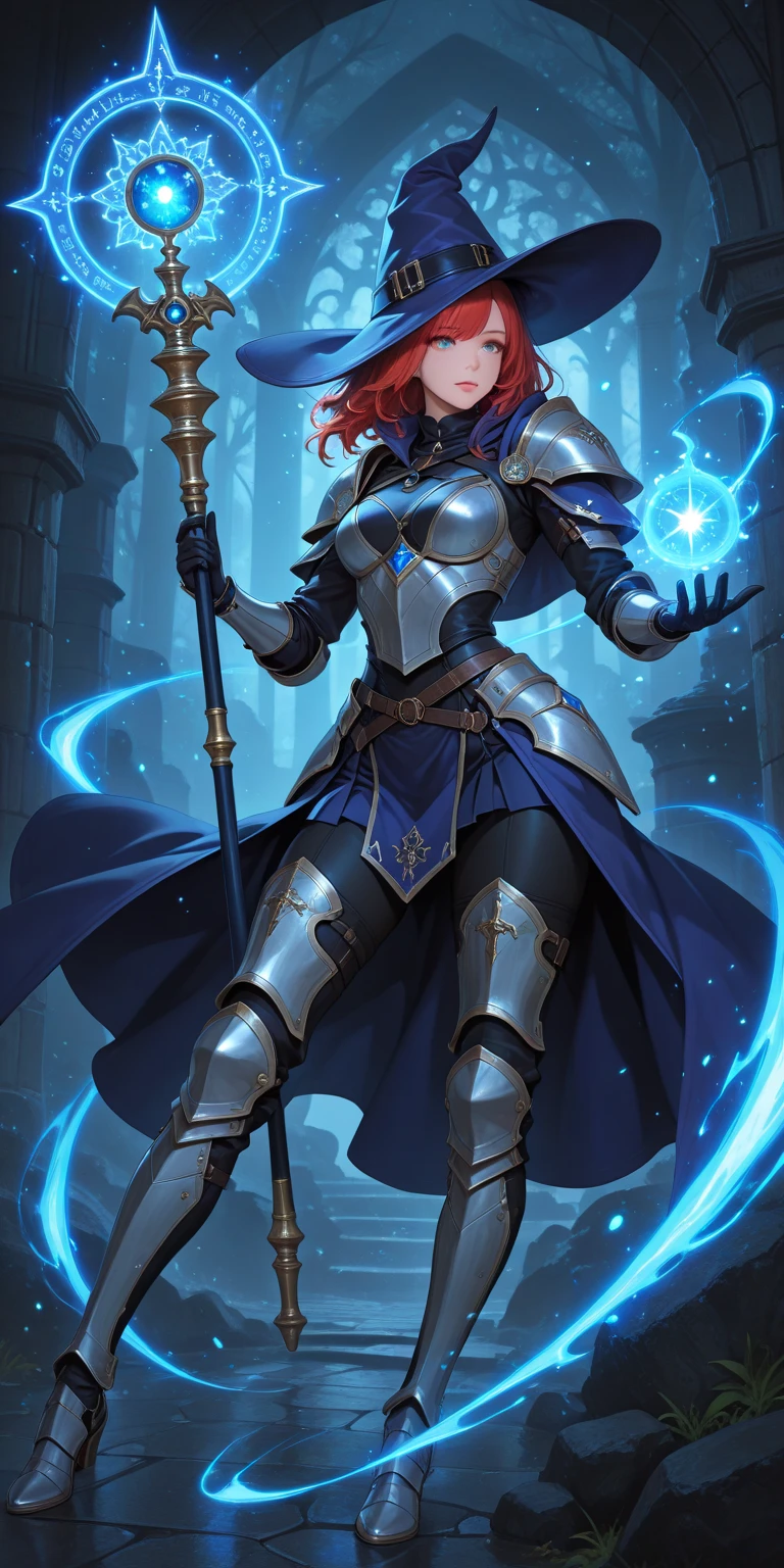 (((masterpiece, best quality, high detailed, 16k))) Design a layout showcase Gaming character, (1girl). Orange+Blue full body armor, stylish and unique. ((showcase weapon:1.4)), lightning rod. (masterpiece:1.2), (best quality), 4k, ultra-detailed. (Step by step design, layout art:1.5), (luminous lighting, atmospheric lighting). storm mage, ((glove full hands)), (((revealing armor:1.3))), vambraces, armored legwear, (((full_body_shot:1.4))). {During a thunderstorm}