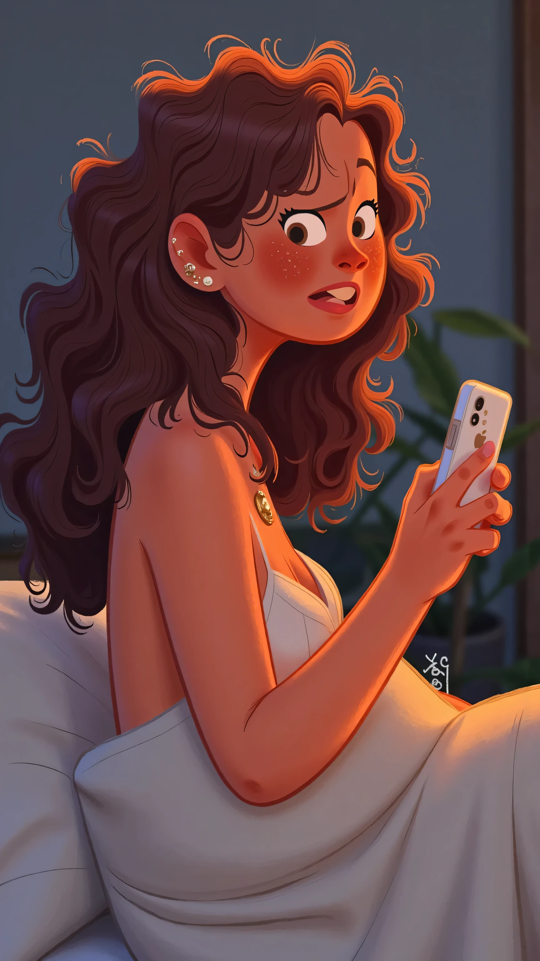 一个吵架后angry的女性(long brown wavy hair),Back pillow,sitting on the bed,Cover the quilt,Long messy hair,Wearing a sexy white top,Read the message while holding the phone,Expression of grievance,angry,The background is a gray wall, illustration style ,with a slight atmosphere,Shooting feeling in a bedroom at home,The indoor light is natural at night,Indoor night scene