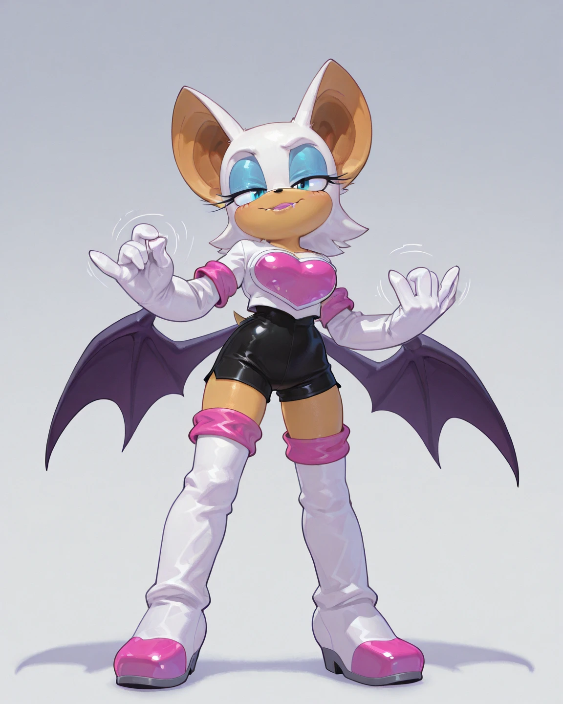 <lora:RougeTheBat v1:.7> RougeTheBat, gloves, bodysuit, boots, thick thighs, <lora:pantyAndStocking_v1:1>,
