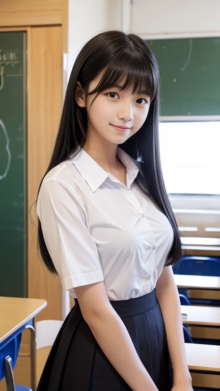 ((Highest quality、Tabletop、8K、Best image quality))、(1 photo:1.5)、very saturated、1 、Uniform shirt、pink plaid pleated skirt))、The happiest smile、Look at me、Wavy Hair、(studying in classroom:1.3)、School classroom background、Long eyelashes、Perfect Makeup、Accentuate your body lines、Big ample breasts、Blonde、Accurate anatomy、(Perfect Hair:1.2)、sexy、Patsupa shirt
