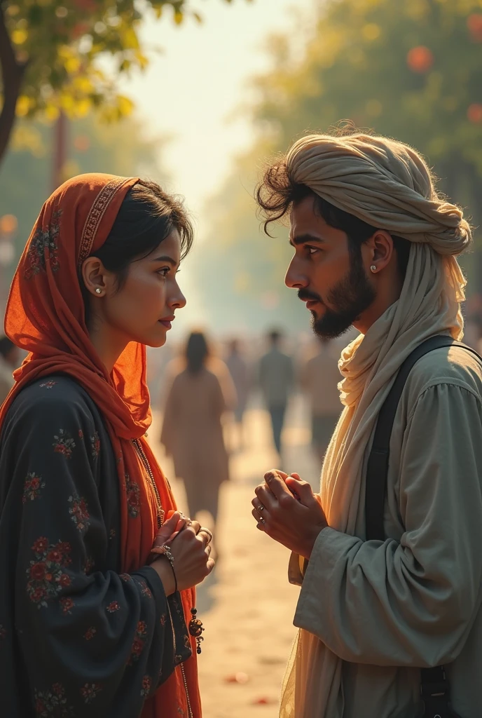 .
Fatima asks Youssef for money: A shot of Fatima asking Youssef for money with a clever trick, with fine details of clothing and facial expressions Muslim