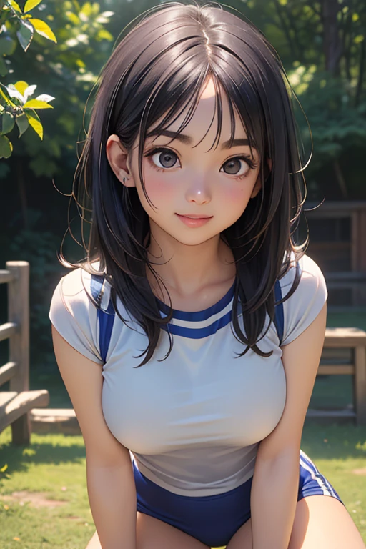 (masterpiece), (highest quality), (Super detailed), (One girl), 13 years old, blush, ((lift up:1.2)),((topless)), ((slender)) ,Happy, View Viewer, wood々In a park with,bench, shy ,sit on the bench, anxiety, smile, mischief,(Shiny skin), from the front, ear, (Nipples), (white micro thong),