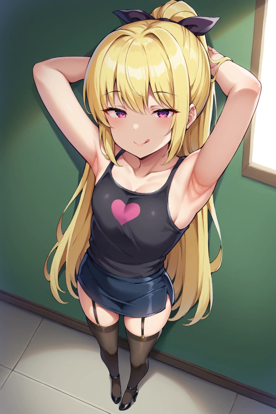 best quality, high_resolution, girl with a lustful face has her hips on the camera, the camera can see her panties, blonde pigtails hair, brown eyes, a boob size a, sfw