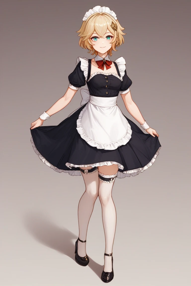 best quality,ultra high res,1girl,solo,full body,white background,standing,
blonde hair,maid headdress,maid,tall female,(mature female:0.4),blue eyes,smile,naughty face,huge breasts,