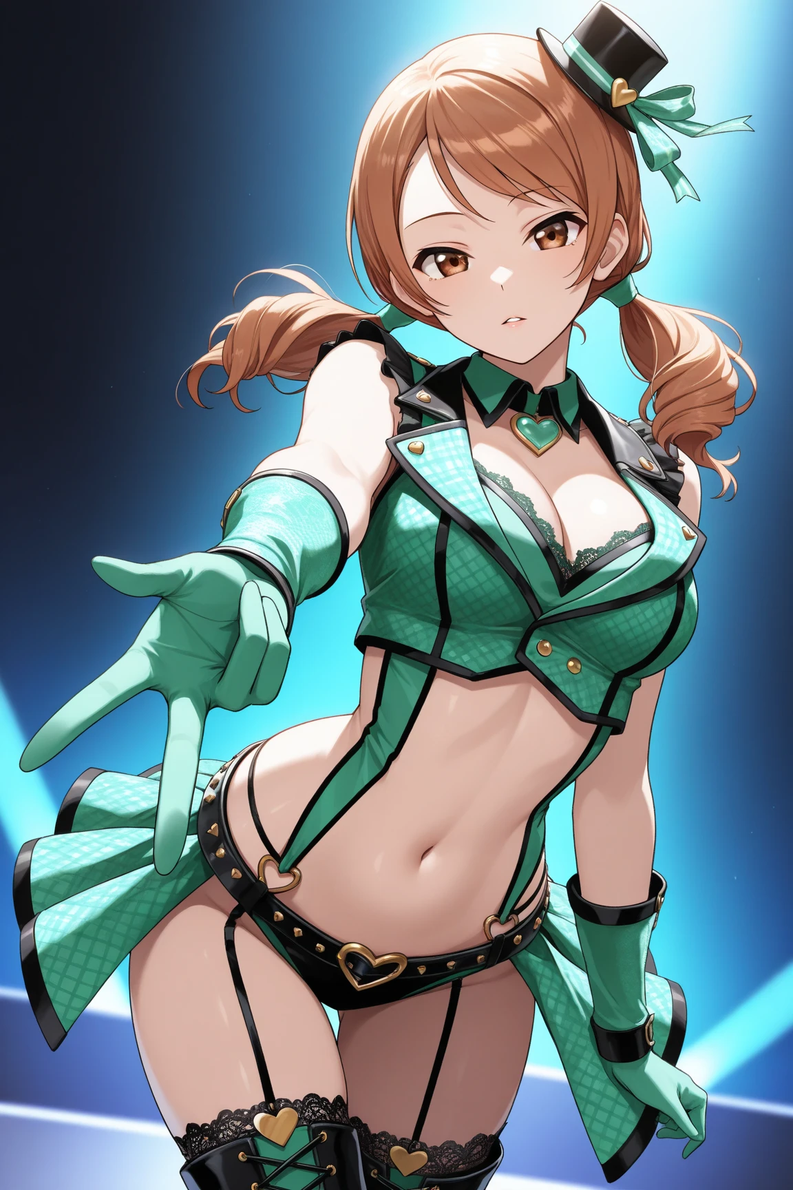 ((best quality)), ((highly detailed)), masterpiece, extremely detailed face, beautiful face, , (1girl), (solo), close-up, dynamic pose, cowboy shot, <lora:hairdetailer:.6>, <lora:UbelFrieren:1>, UbelFrieren, green hair, side ponytail, purple eyes, black choker, black dress, halter dress, sleeveless, arm strap, armlet, belt, single glove, thigh strap, (indoors, in an arcade)