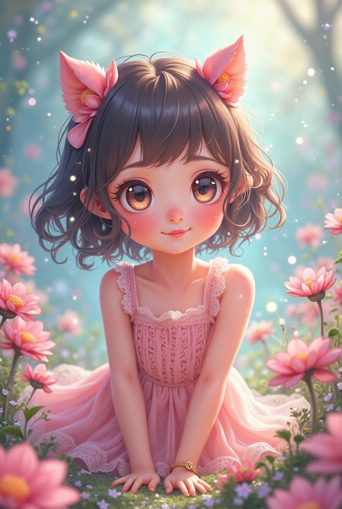 Chibi an asian with a flower in her hair, pixar splash art, ((white skin)), artist used beautiful bright brown eyes, asian chilbile game feature, her skin is light, with soft pink colors, rendered in v-ray, lizzo, disney style, chibi proportions, by Ben Enwonwu, behance art --auto --s2