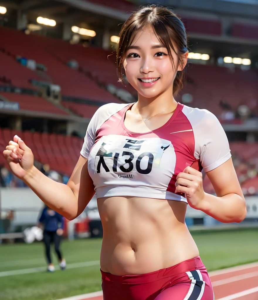 (8k,Ultra-high resolution,Highest quality,masterpiece,Realistic,Ultra-high resolution,High-quality RAW color photos,Professional photos,Realistic,Realistic:1.1),Natural skin texture,Fine skin,Hyperrealism,Intricate details,Adult women,Eye highlights.Lip gloss,Glossy Lips,((Cute smile,Short Hair,Dark blonde hair,bangs:1.2)),((Marathon runner,Athletics Stadium,Red separate uniform for track and field athletes,Black competition bloomers,running pose:1.4)),running shoes,((Required competition high-leg bloomers hair:1.5)),(((((gigantic breast)),A long chest that hangs down quite a bit,Big Breasts,Nipple erection,Muscular,Always running,on side,face focus:1.4)))