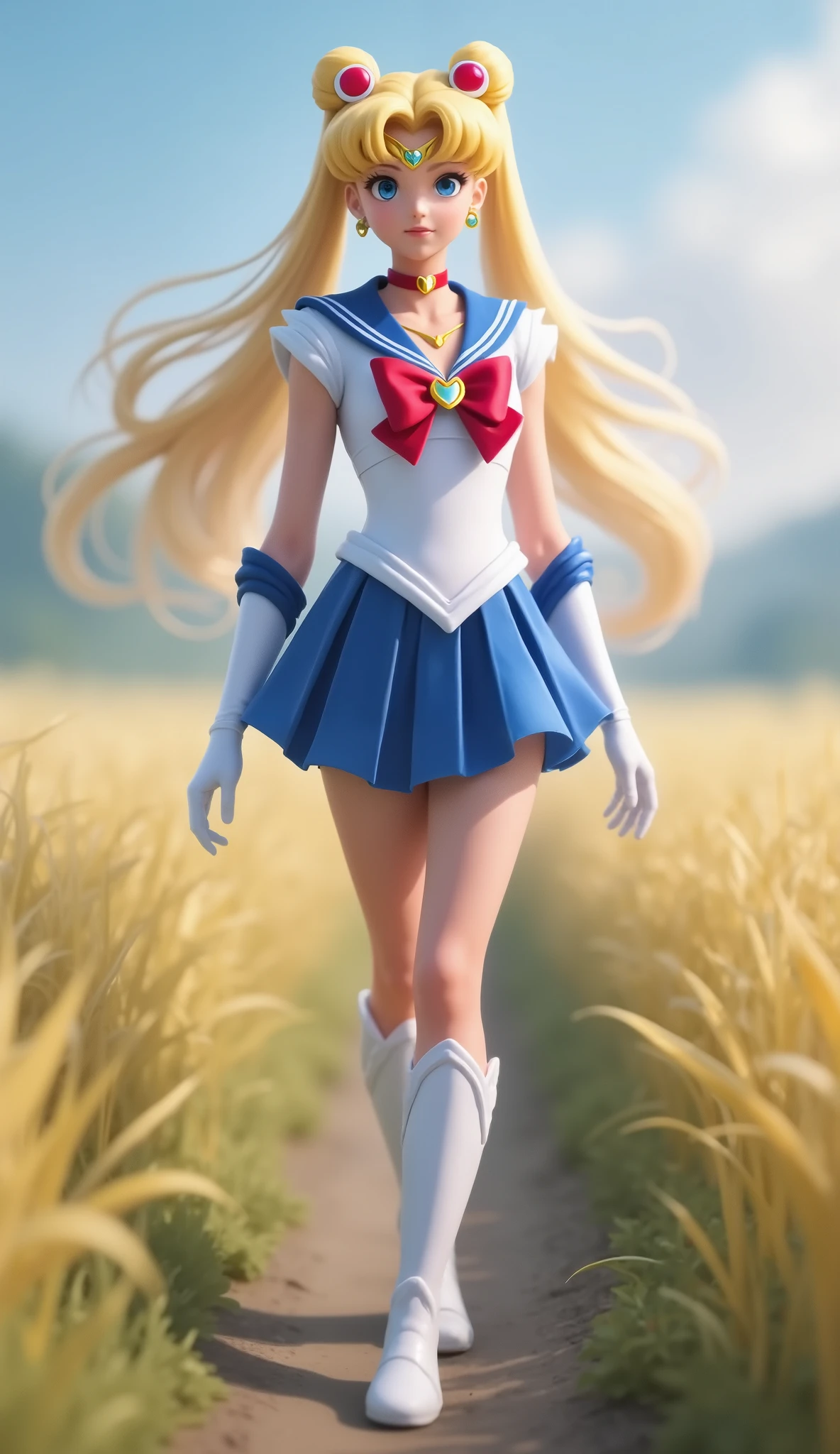 Masterpiece, 8K, Best Quality, Intricate Details, Ultra Details, Ultra High Resolution, ((Natural Make-up: 0.4)), ((Fluffy Blue Eyes: 1.21)), full-body portrait, ((Long Distance Camera)), ((Muscle: 1.1)), ((Morning: 1.3)), ((Woman: 1.2)), Standing, HDR, Ultra Detail, EF 24-70mm f/2.8L II USM, Best Quality, High Quality, ((Photorealistic: 1.4)), ((skin detail: 1.2)), ((blonde hair: 1.1)), 1 Girl, Japanese Girl, Cute, Beautiful, Charming, 20 Years Old, a Sailor Moon girl posing walking in an Indonesian rice field. The girl has blonde hair, long hair down to her knees, very long hair, twin buns, red brooches in both buns, and a Sailor Moon hairstyle. She wore a sailor outfit, a tight white shirt, a blue sailor collar, a sailor collar with white stripes (two stripes), a blue mini skirt, a pleated skirt, a tight skirt, a red bow, a shiny round brooch in the middle of the bow, a bow on her chest, a large red bow at the back, long gloves, white gloves. Long boots, white boots, The background is a rice field, Indonesian rice paddies, camera distance: long shot, subject centered in the frame, subject appears sufficient, realistic.
