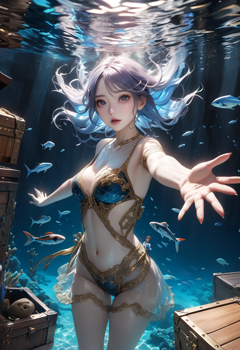 1woman, reference sheet, matching outfit, (fantasy character design, front, back, side) mermaid, merfolk, fish tail. dark brown hair, blue eyes. mage outfit, scales, ancient runes on clothing, stockings. lean athletic build. neatly kept, long hair. large hips, thick thighs. Large chest, endowed breasts. --auto