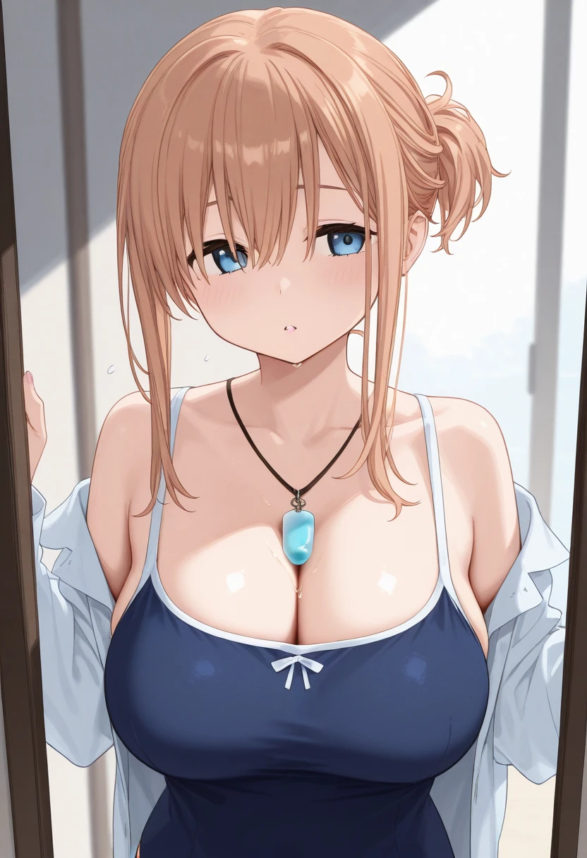 (best quality), (Super detailed), (Best Illustration), (1girl), look at viewer, upper body, (white shirts lift:1.3), (show off large breasts:1.2), (show off light blue bikini:1.3), blush, brown hair, (bob cut), curly hair, hairs between eyes, blue eyes, (pool),