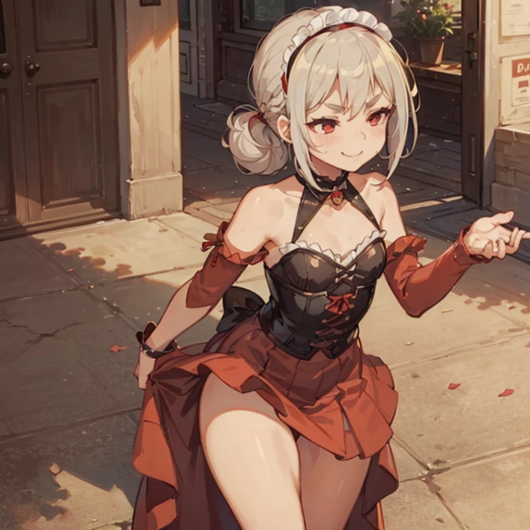 best quality, masterpiece, 1girl intricate detail, (full body), detailed face, looking at viewer, detailed hairstyle, <lora:violet_evergarden_v1:1> violet evergarden, braid, hair ribbon, red ribbon, (mechanical hands:1.1) midriff mini skirt legwarmers bra <lora:add_detail:1>