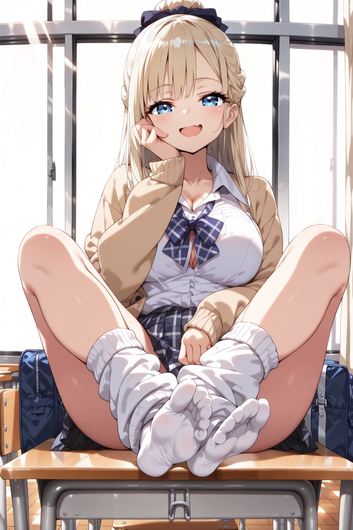 (masterpiece:1.2, Highest quality), (Realistic, photoRealistic:1.4), Beautiful illustrations, (Natural Side Lighting, Cinema Lighting),
View your viewers, 1 girl, Japanese, high school girl, Perfect Face, Cute and symmetrical face, Glowing Skin, Baby Face,
(Long Hair, Straight hair, Sideburns, (Blonde)), Swept-apart bangs, Blue eyes, Earrings, Sweaty healthy body, Mesgaquismiles,((Very, very big butt))((Panties are visible))((Shiny satin light brown panties))((full back panties))loafers, Ultra-realistic, early morning, Breeze Skirt Lift, (Spread your legs:1.0), (squat), Indoor (changing room,the floor is concrete)
Beautiful Hair, Beautiful Face, Beautiful attention to detail, Beautiful clavicle, Beautiful body, Beautiful breasts, Beautiful thighs, Beautiful feet, Beautiful fingers,
(((Brown cardigan, Closing the garment), White collared shirt, Black checkered pleated mini skirt)),(nice smile, Upward glance),