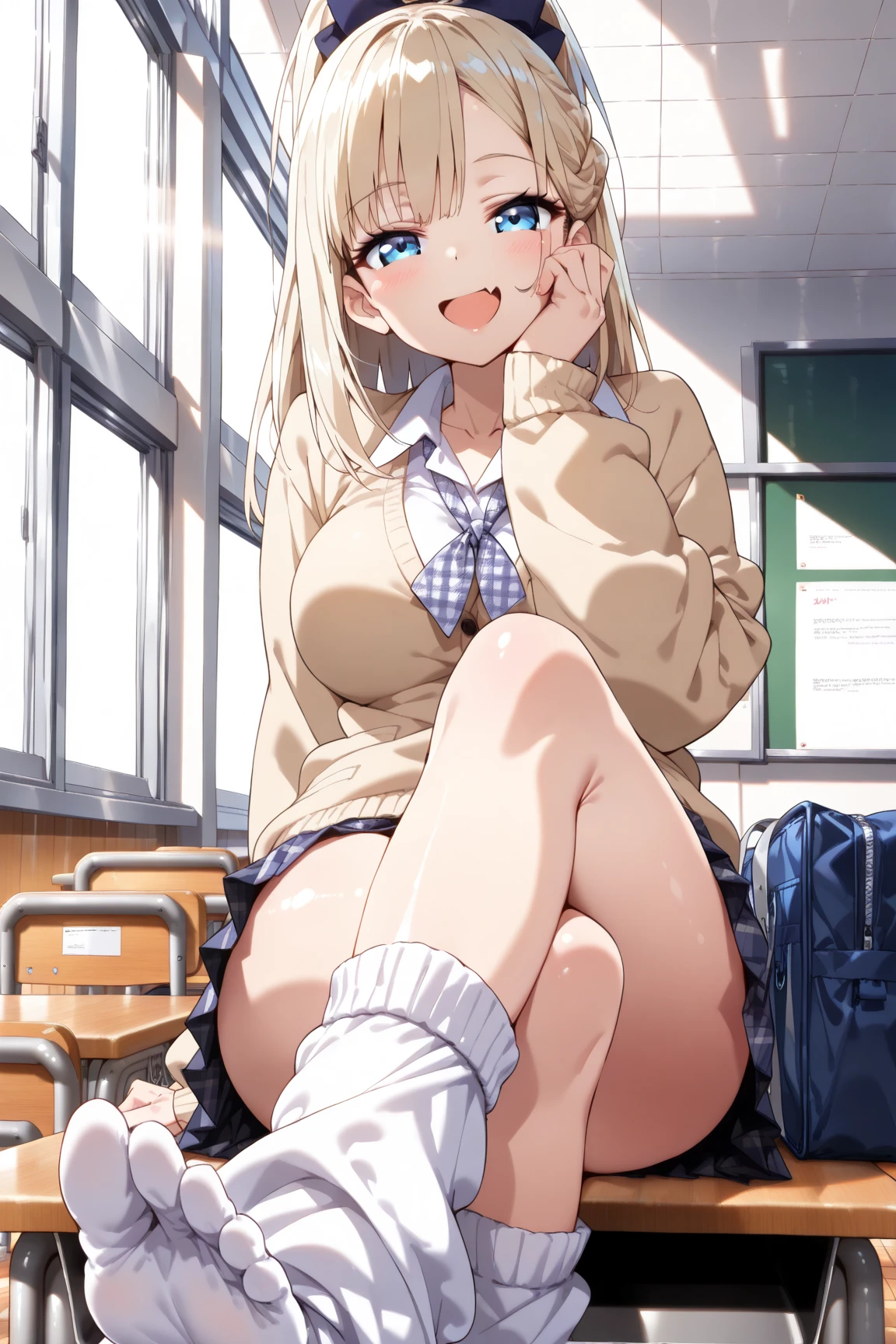 highest quality,wonderful,finely,Very detailedな CG ユニティ 8k 壁紙、Contemptuous Eyes、Glare、(School classroom:1.3),Several students、whole body, (Sailor suit), (Black see-through string panties:1.3)、(Squat down and spread your legs:1.1),(Black Stockings:1.1),(Thighs:1.2),,(highest quality:1.2, Anime artwork, Very detailed, High detail, digital coloring, High Contrast, masterpiece:1.2, highest quality, Best aesthetics), (((kitagawa marin, 1 girl))), Blonde Hair, Straight Long Hair, Pink gradient hair, Red eyes, Earrings, White shirt, Black choker, Blue tie, Check skirt, Spread your legs