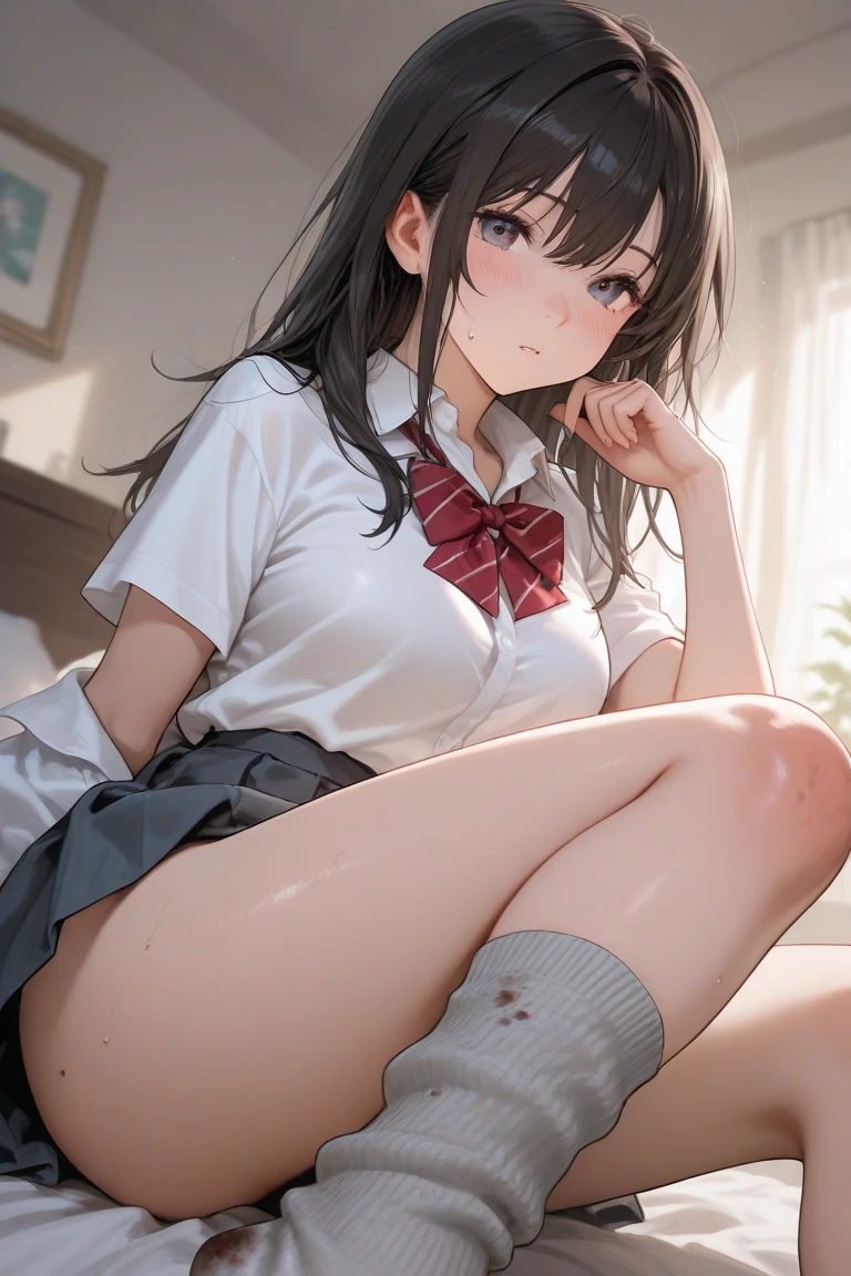 highest quality、High resolution、detailed background、cute hairstyle、sexual uniform、sexy uniform、pleated mini skirt、on the bed、panty shot、white panties、((emphasize the underboob、I see a modest expression、camel toe、not wearing underwear、((He glares at me as he takes off his clothes..、take off one's clothes in disgust))