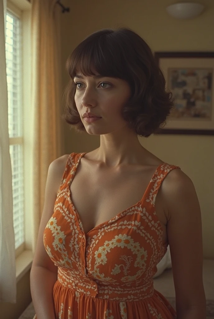 low angle shot, an athletic honey brunette, , wearing colorful 1950s summer dress, 1950s hairstyle, breasts big, Not exposed, standing next to a table on a sunny day ((vintage kitchen)), looking away from viewer, beautiful view through the windows, 8k sensual lighting, warm lighting, Extremely photorealistic 4k, cgsociety uhd 4k highly detailed, trends on cgstation